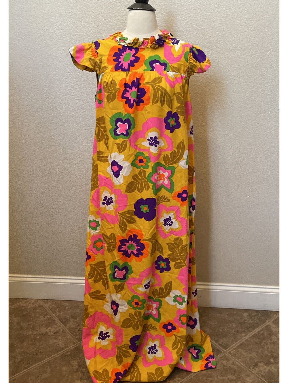 VTG 70s Handmade Hawaiian Muumuu Bright Floral Psychedelic Maxi Dress Costume *L